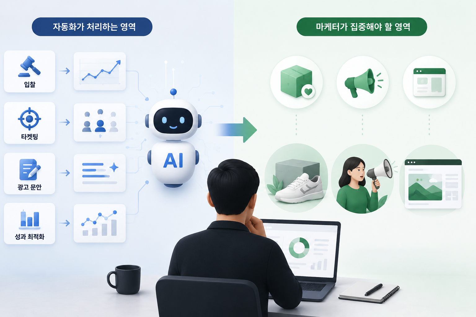 자동화가 처리하는 영역(입찰·타겟팅·광고문안·성과최적화)과 마케터가 집중해야 할 영역(제품·메시지·랜딩페이지)