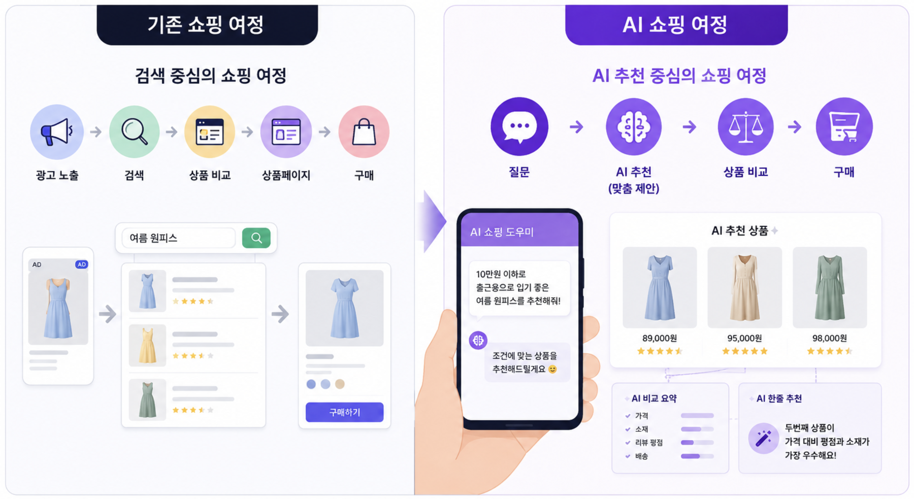 기존 검색 중심의 쇼핑 여정과 AI 추천 중심의 쇼핑 여정 비교